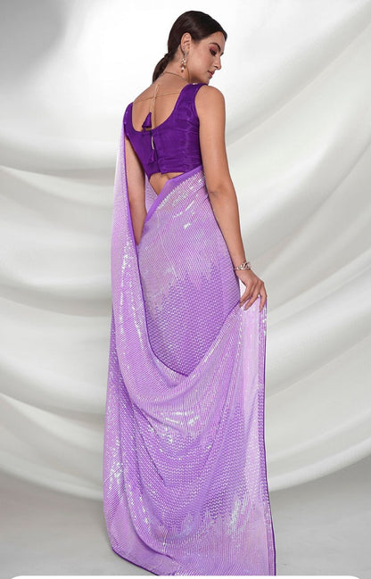 Elegant Purple Wedding Wear Georgette Saree with Premium Double Run Sequins Work