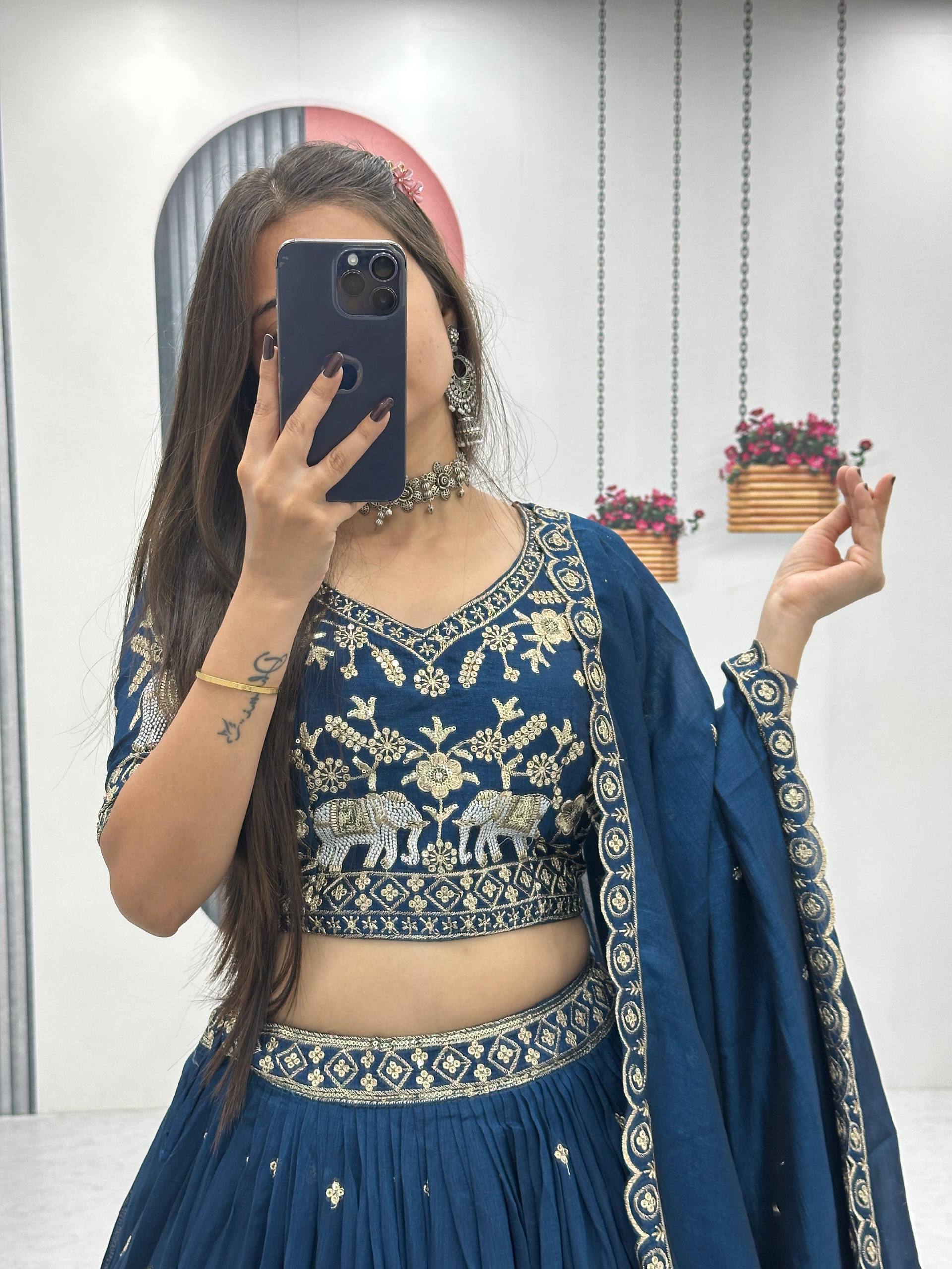 Rama blue bridal lehenga set with embroidered blouse and matching dupatta