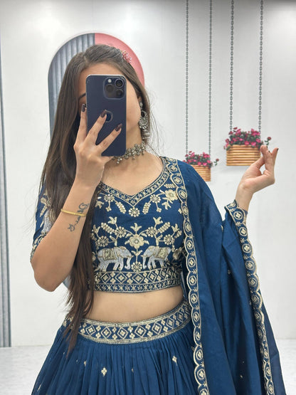 Rama blue bridal lehenga set with embroidered blouse and matching dupatta