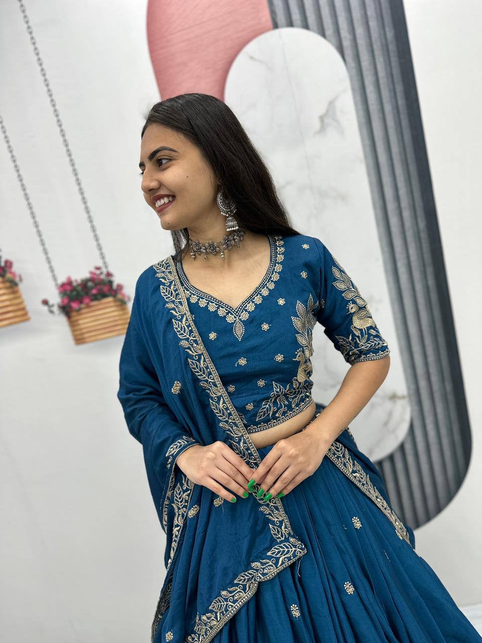 Rama Blue Embroidered Lehenga Choli with Matching Dupatta for Wedding and Festive Wear