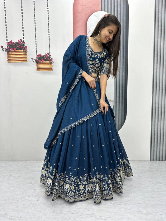 Rama blue embroidered lehenga choli with matching dupatta for women wedding wear