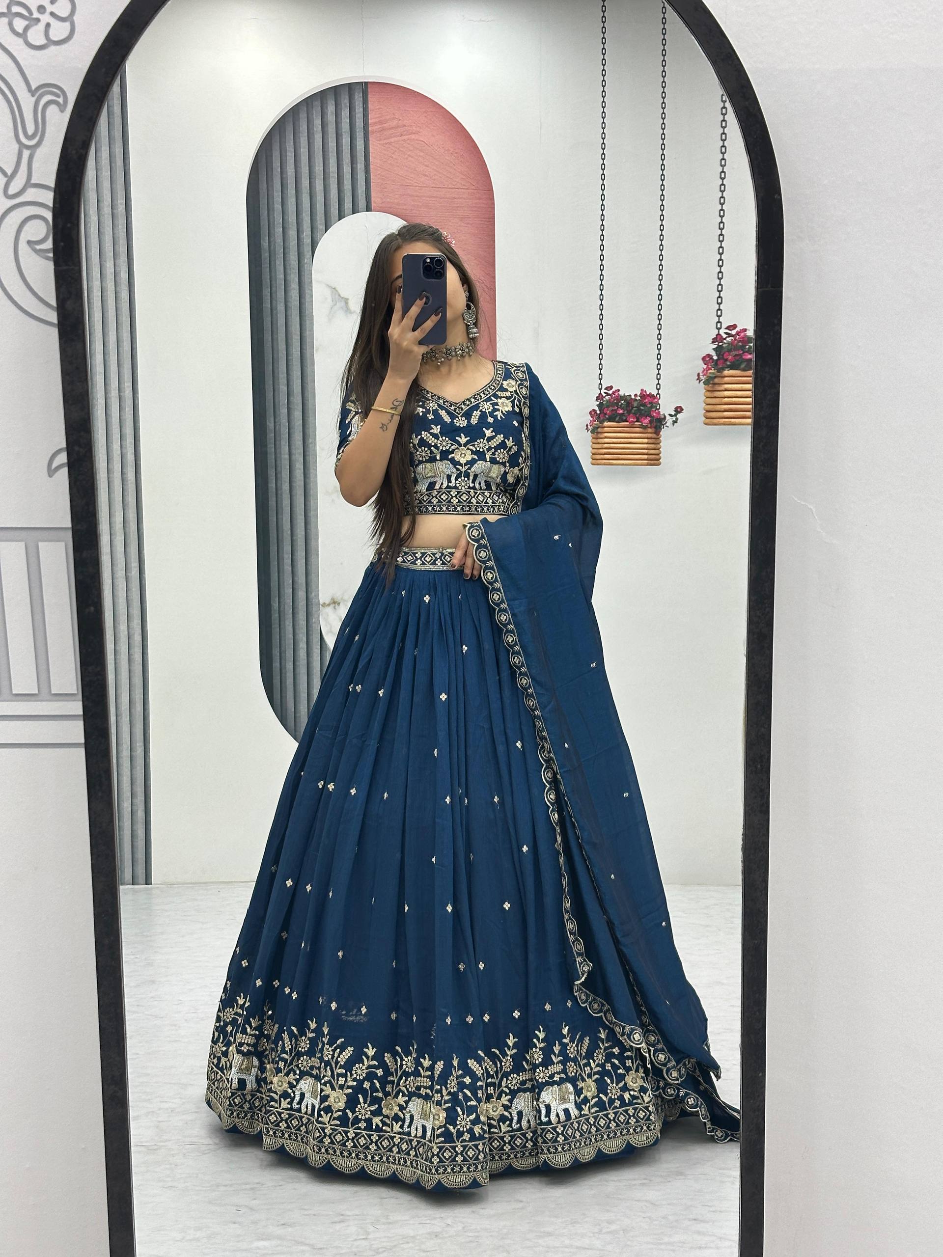 Rama Blue Pure Chinon Lehenga Choli with Heavy Embroidery Work and Dupatta