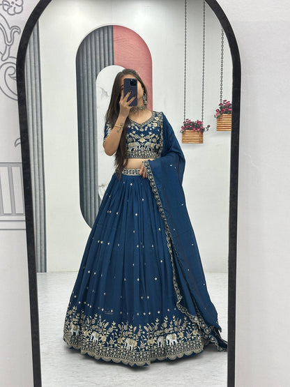 Rama Blue Pure Chinon Lehenga Choli with Heavy Embroidery Work and Dupatta
