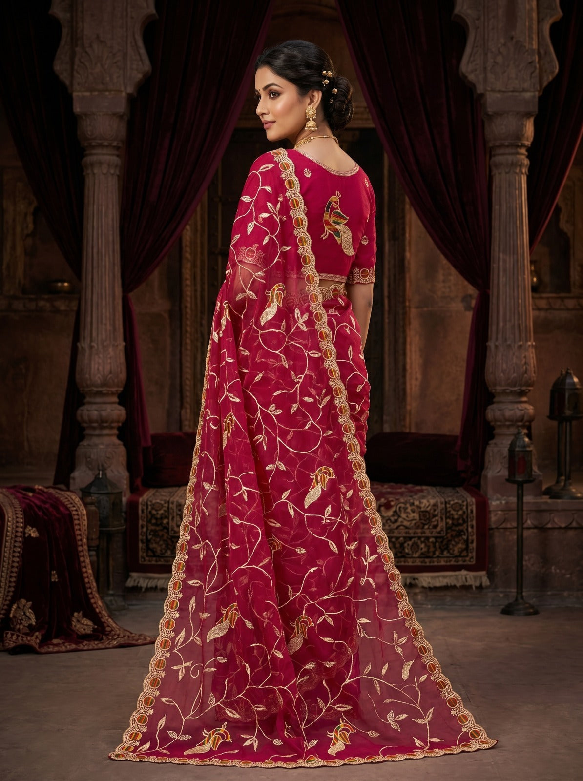 Elegant Rani Peacock Embroidered Net Saree for Women