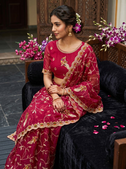 Close-up of Rani Net Saree with Peacock Thread Embroidery