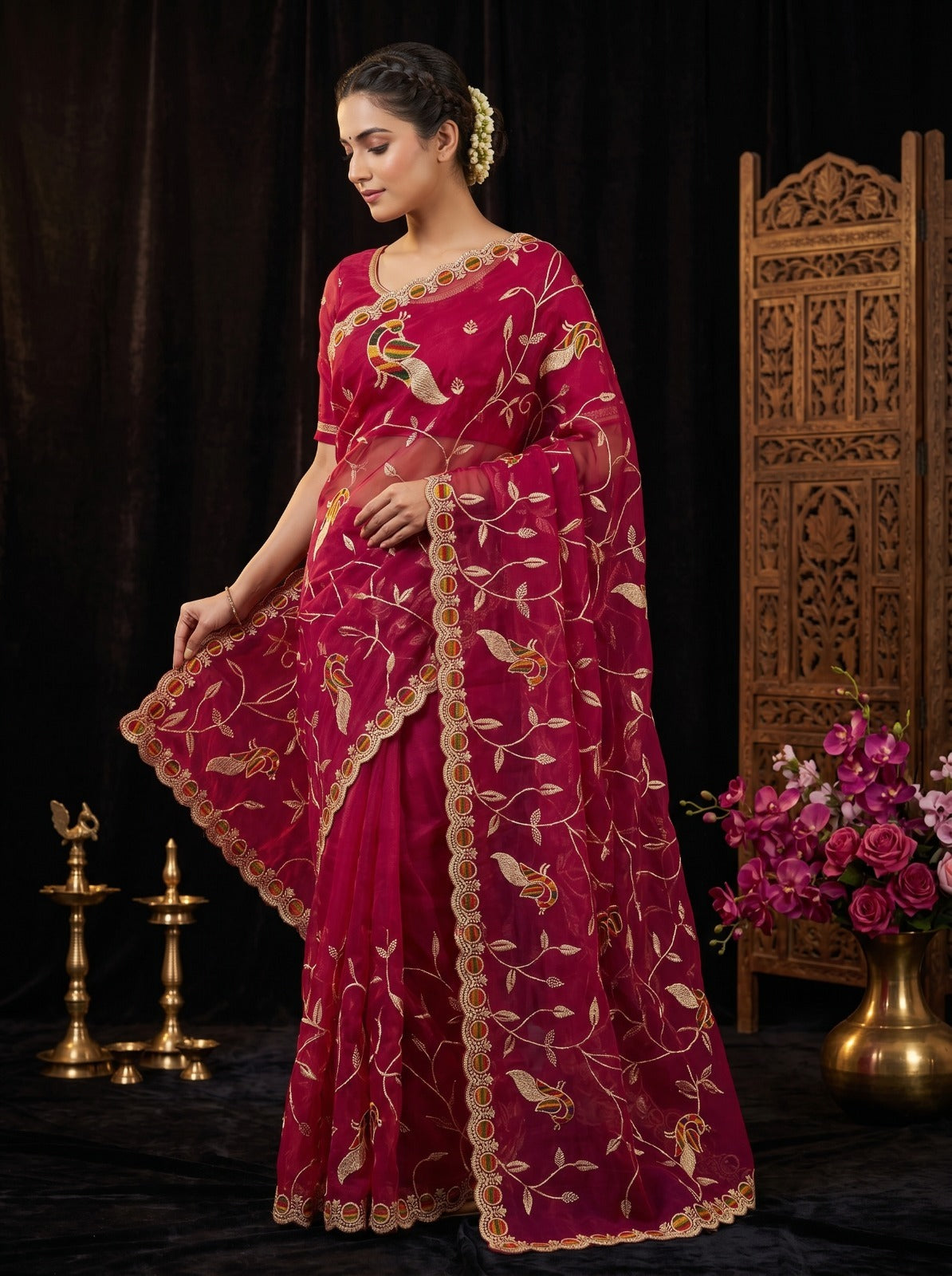 Rani Net Saree with Floral Peacock Embroidery and Designer Border