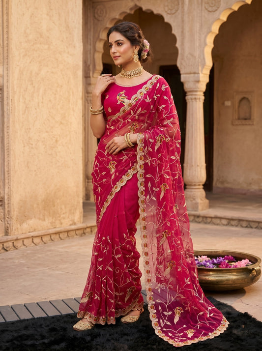Rani Peacock Embroidered Net Saree Front View for Wedding Wear