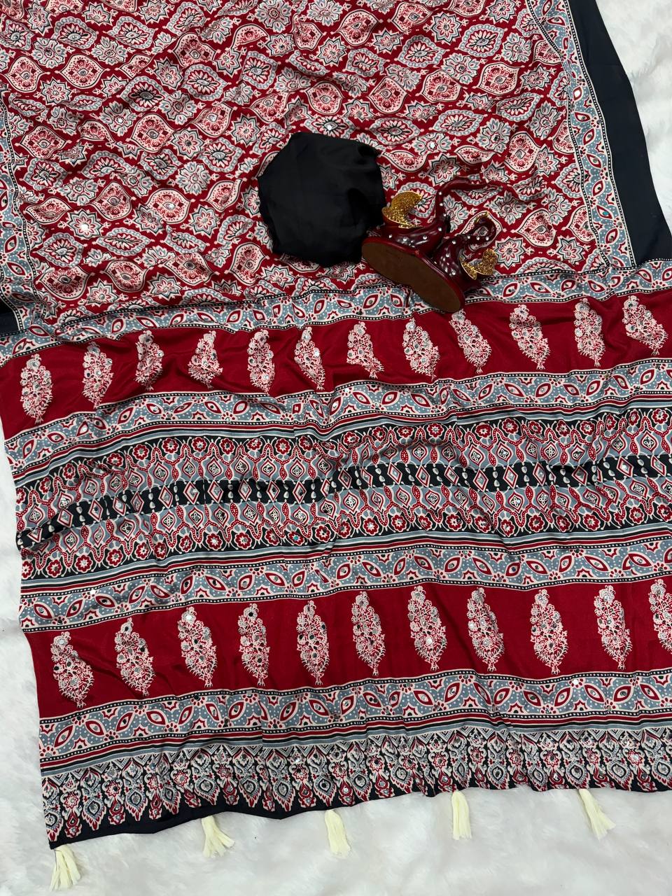Red Ajrakh Print Crepe Silk Saree with Real Mirror Work