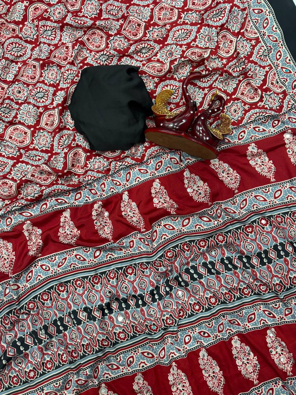 Red Ajrakh Crepe Silk Saree with Real Mirror Work and Beautiful Tassels