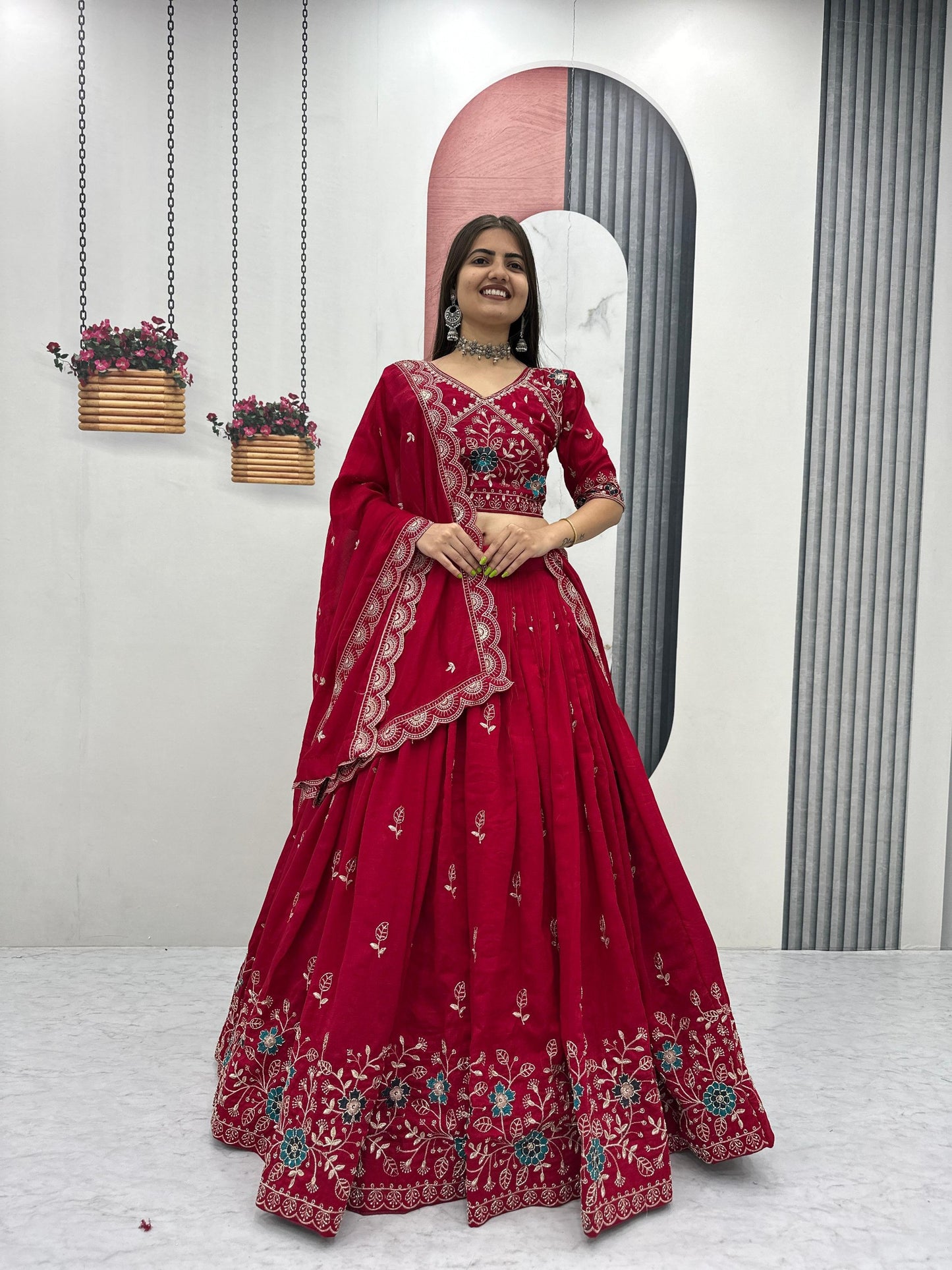 Red embroidered lehenga choli for women with designer dupatta for wedding wear