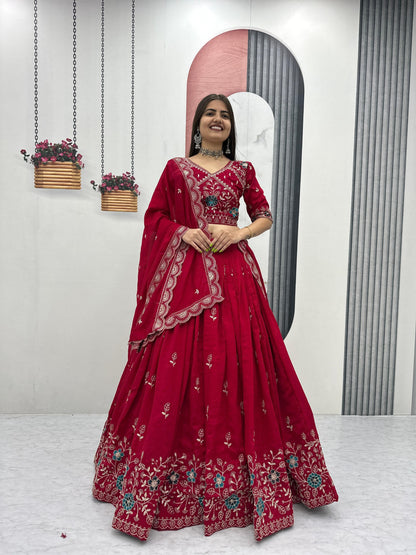 Red embroidered lehenga choli for women with designer dupatta for wedding wear
