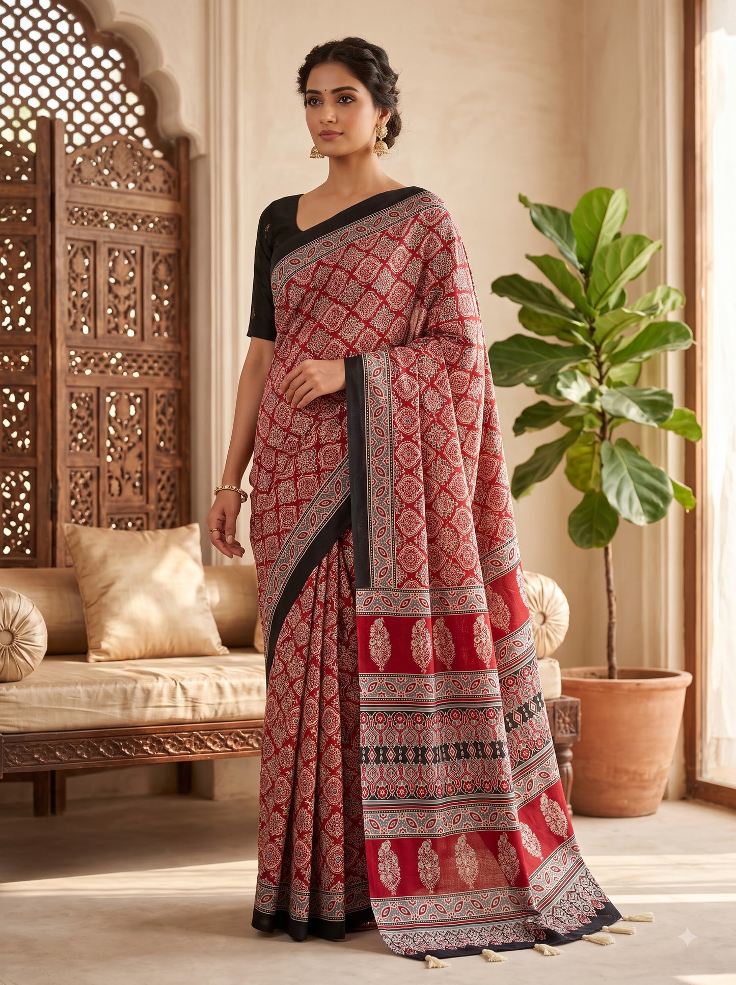 Red Designer Crepe Silk Saree with Ajrakh Print and Mirror Work