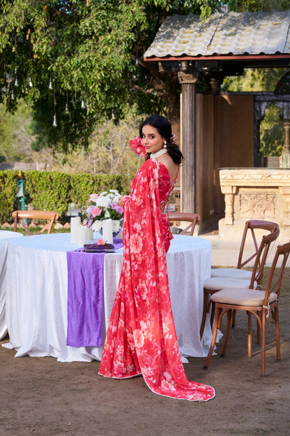 Elegant red floral printed soft georgette party wear saree for women