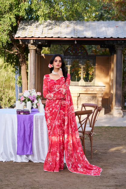 Red soft georgette floral printed saree with designer moti lace border