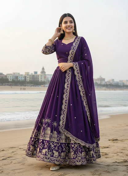 Royal Purple Chinon Silk Lehenga Choli with Heavy Embroidery Work and Dupatta