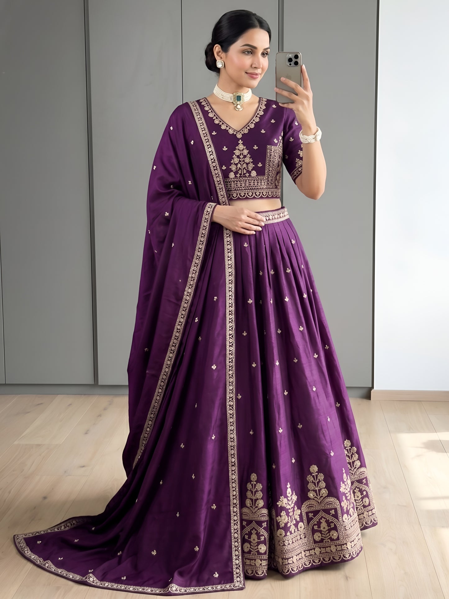 Royal Purple Chinon Silk Lehenga Choli with Heavy Embroidery Work and Dupatta
