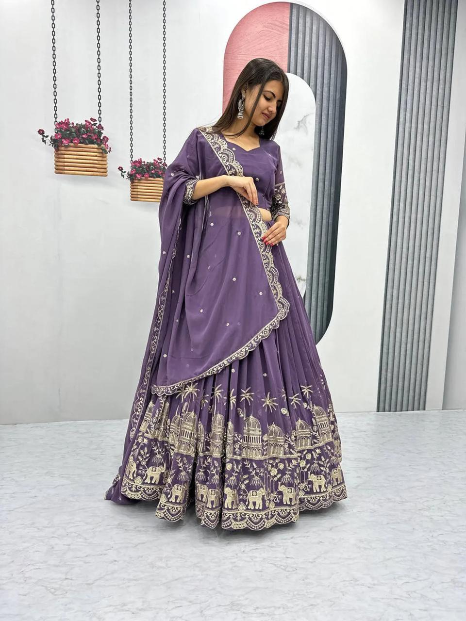 Lavender Purple Embroidered Chinon Silk Lehenga Choli | for Sangeet, Mehendi & Reception