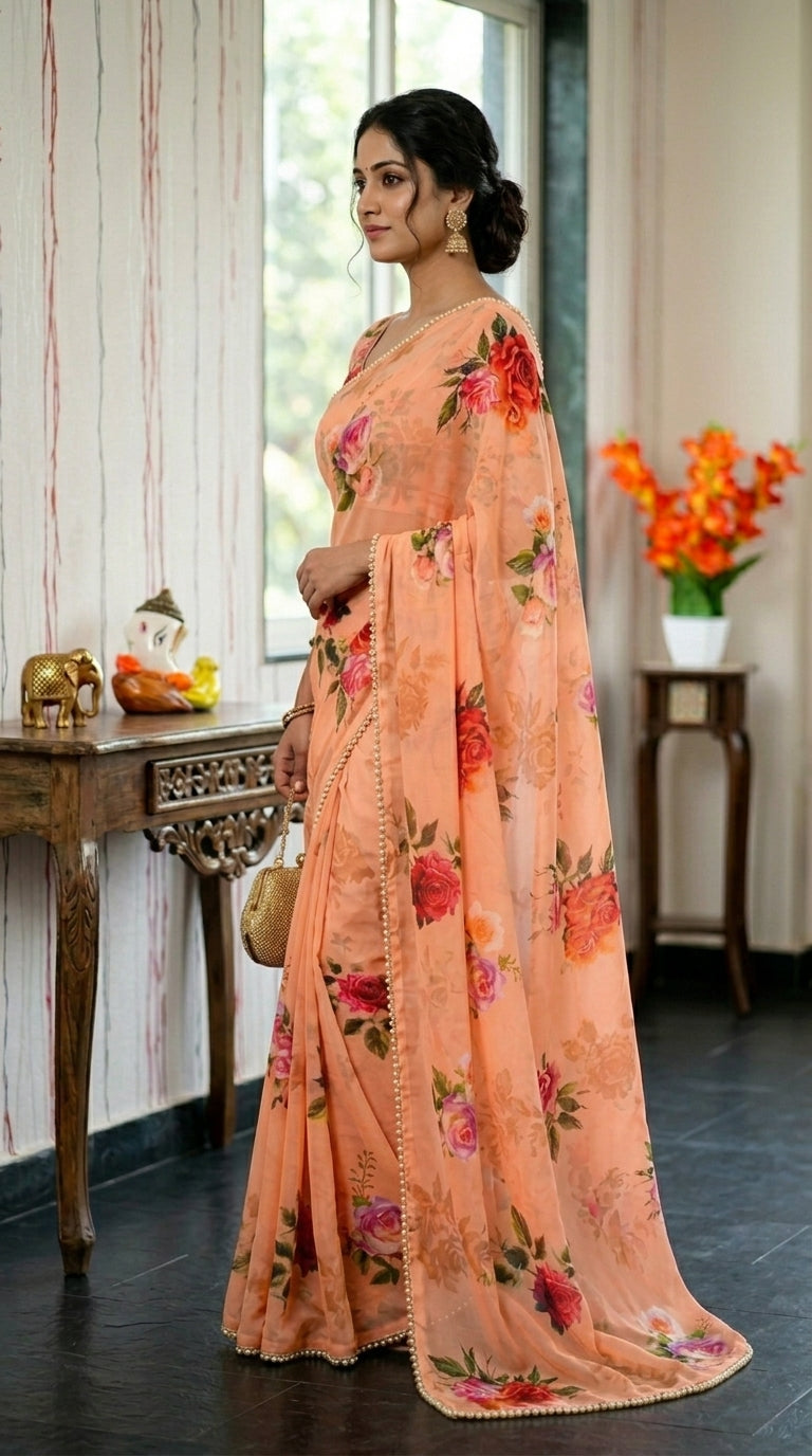 Luxury Floral Print Georgette Saree | Wedding & Festive Wear