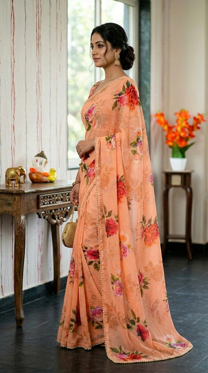 Luxury Floral Print Georgette Saree | Wedding & Festive Wear