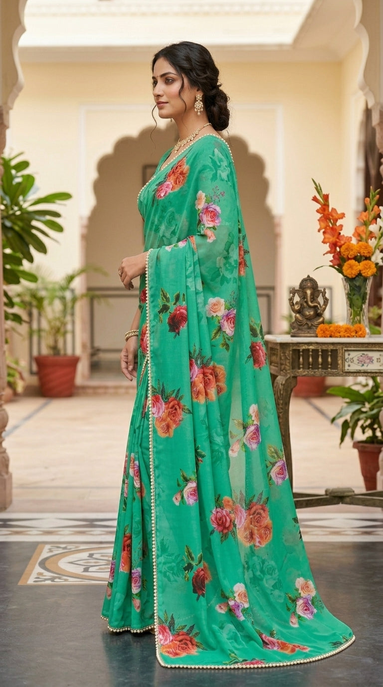 Luxury Floral Print Georgette Saree | Wedding & Festive Wear