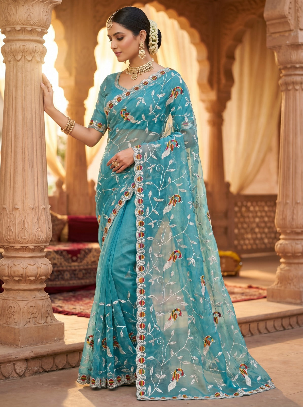 Close-up of Sky Blue Net Saree with Peacock Thread Embroidery