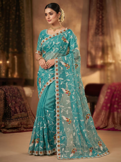 Sky Blue Net Saree with Floral Peacock Embroidery and Designer Border