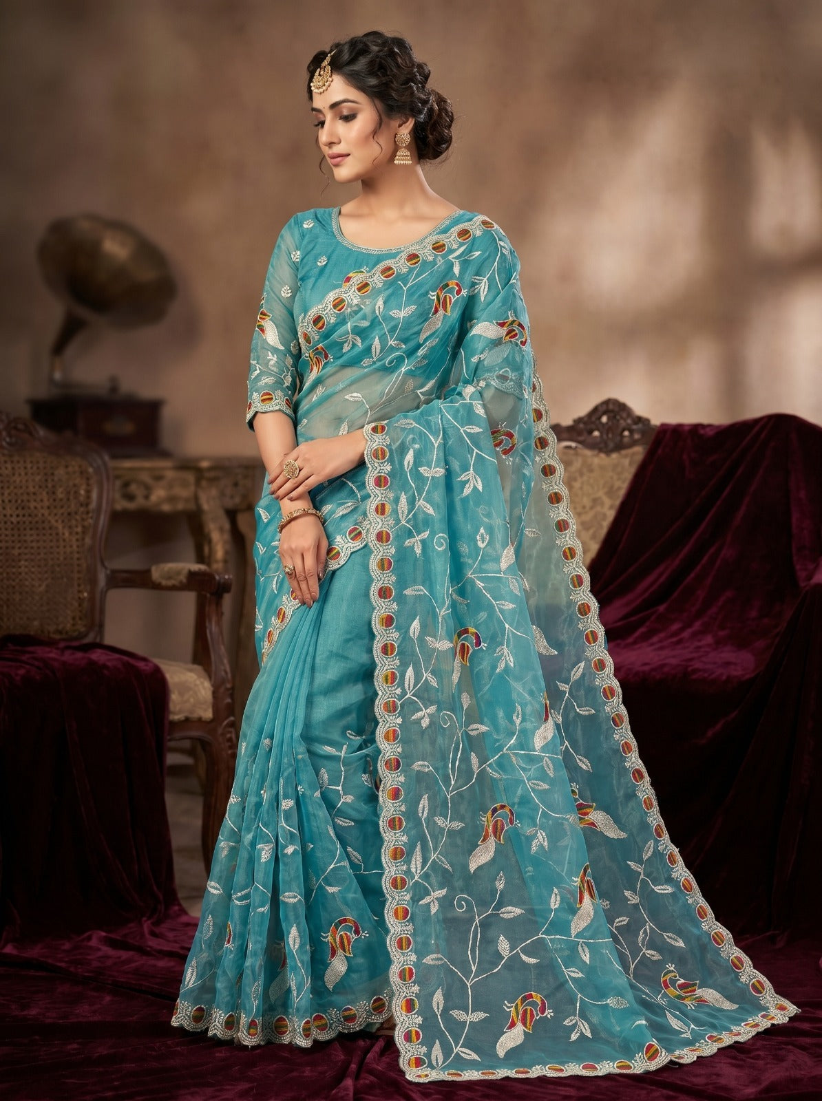 Premium Sky Blue Embroidered Net Saree for Party and Festive Wear