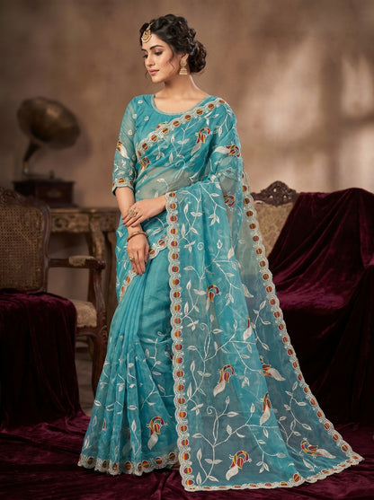 Premium Sky Blue Embroidered Net Saree for Party and Festive Wear