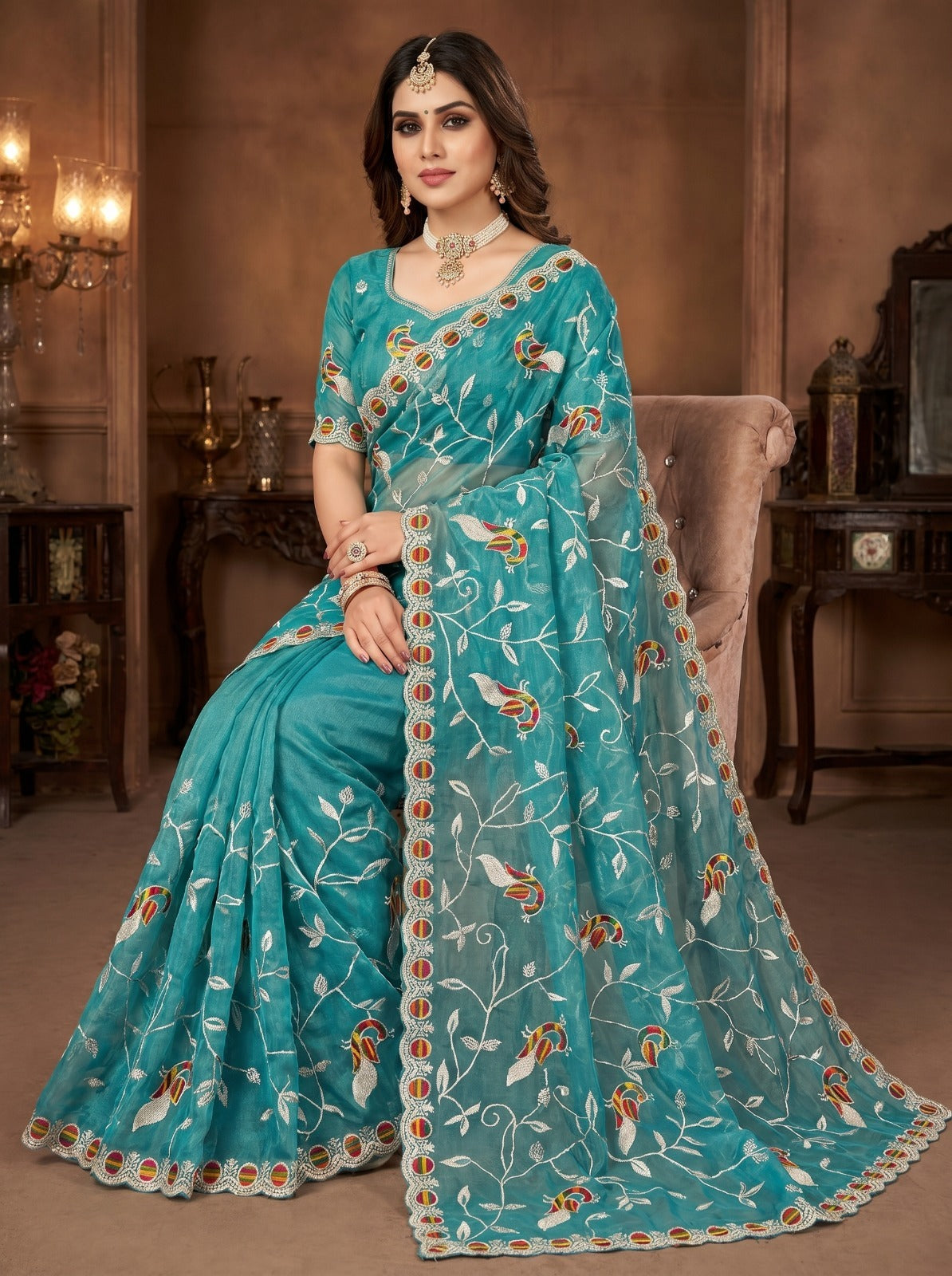 Sky Blue Peacock Embroidered Net Saree Front View for Wedding Wear
