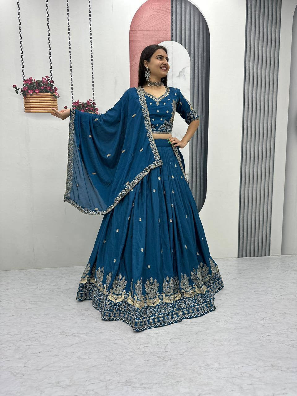 Rama Blue Embroidered Lehenga Choli with Matching Dupatta for Wedding and Festive Wear