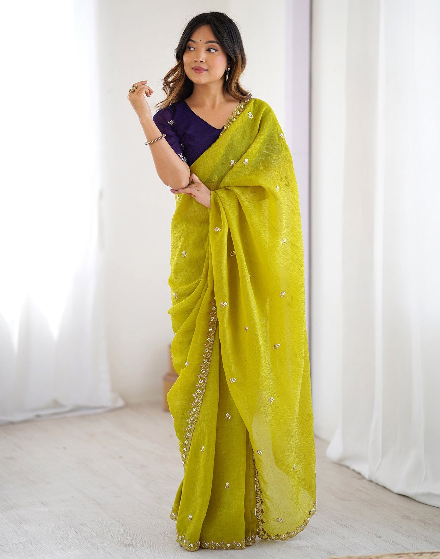 Soft Chinon Crush saree with zari embroidery and white pearl moti work front view