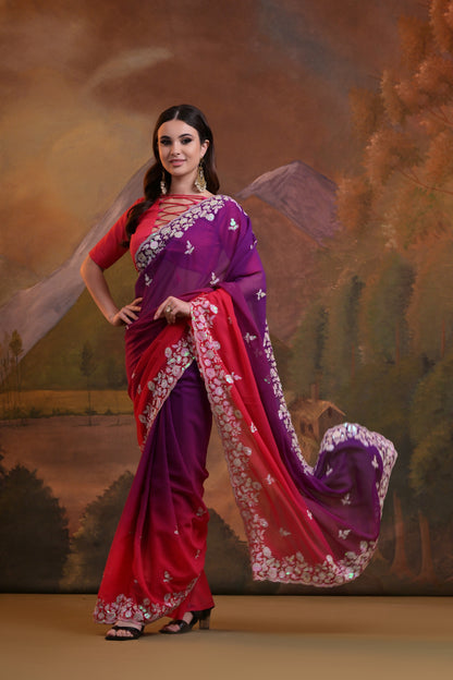 Soft Georgette purple and pink designer saree with sequence embroidery work front view for party wear.