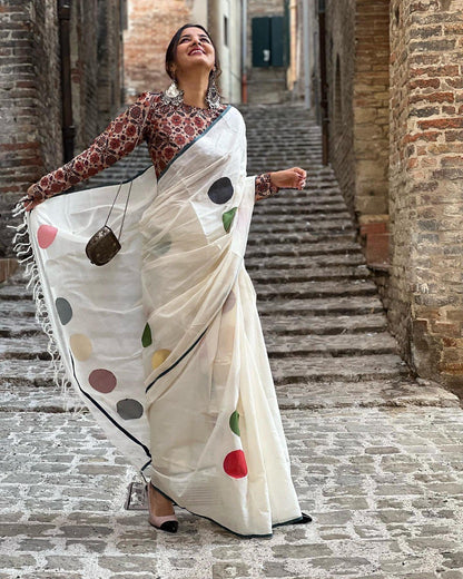 Soft Linen Cotton Saree with Wax Finish and Unstitched Matching Blouse