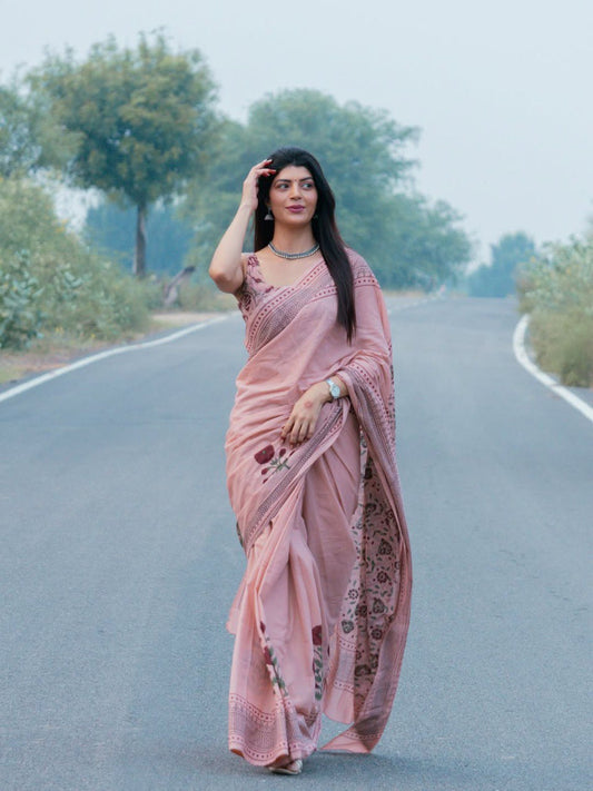 Soft Pink Linen Cotton Saree with Unstitched Matching Blouse Piece