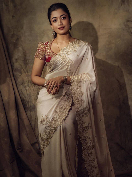 Soft Rangoli Silk Bollywood Style White Sequins Embroidered Saree Front View