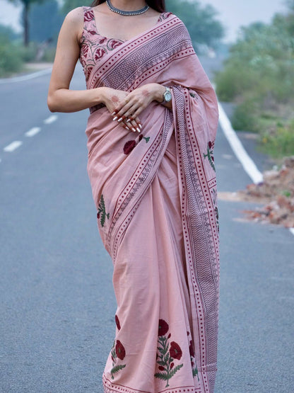 Traditional Pink Linen Cotton Printed Saree for Family Functions and Festivals