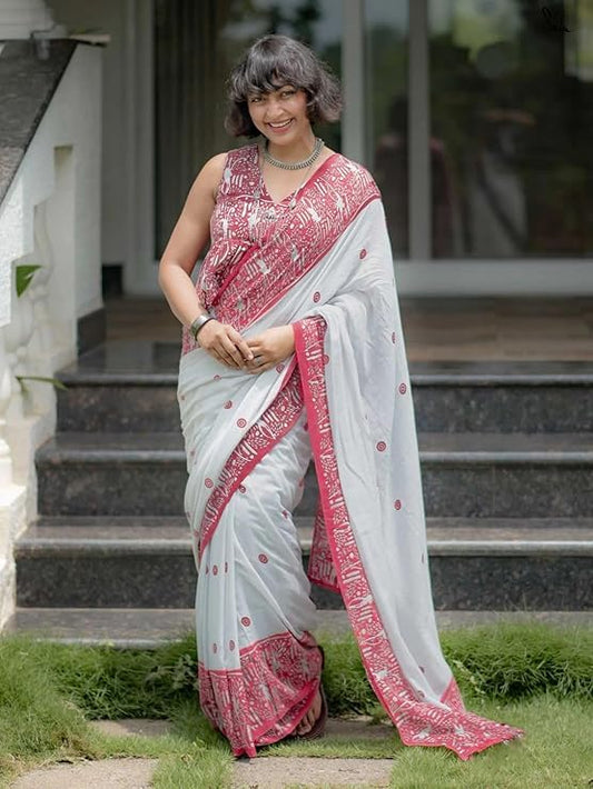 Traditional white linen cotton printed saree perfect for festive and casual occasions