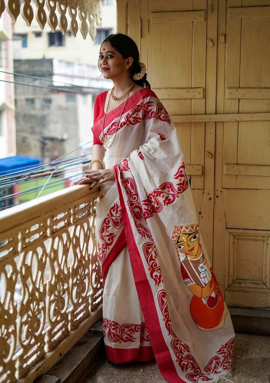 Traditional White Linen Cotton Designer Saree with Red Artistic Print and Folk Art Pallu