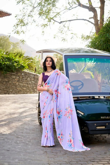 Premium Floral Print Georgette Saree with Moti Lace Border & Running Blouse | Party Wear Designer Saree