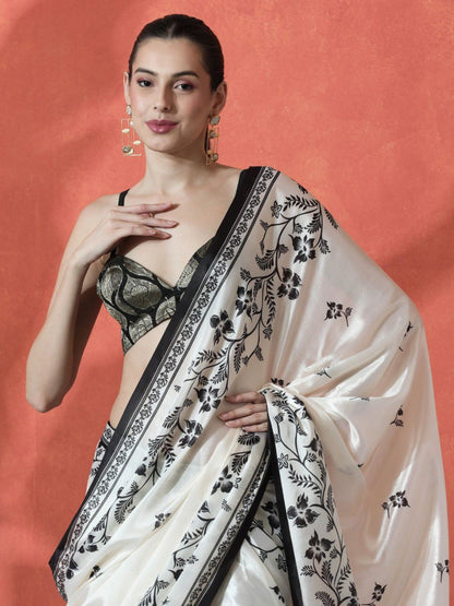 Luxury Black & White Designer Japan Silk Saree with Premium Wax Finish