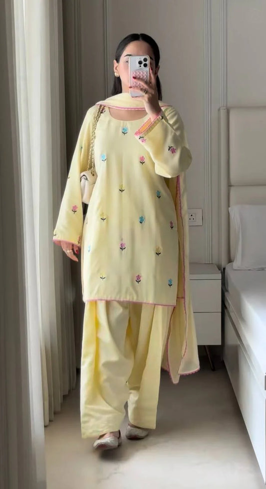 Designer Roman Chanderi Cotton Farshi Salwar Suit with Multi Needle, Sequence & Zari Work – Wedding, Festive & Party Wear