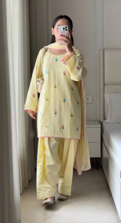 Designer Roman Chanderi Cotton Farshi Salwar Suit with Multi Needle, Sequence & Zari Work – Wedding, Festive & Party Wear