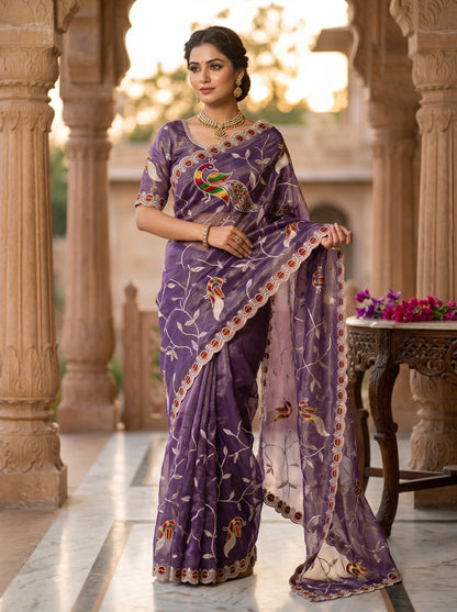 Violet Net Saree with Floral Peacock Embroidery and Designer Border