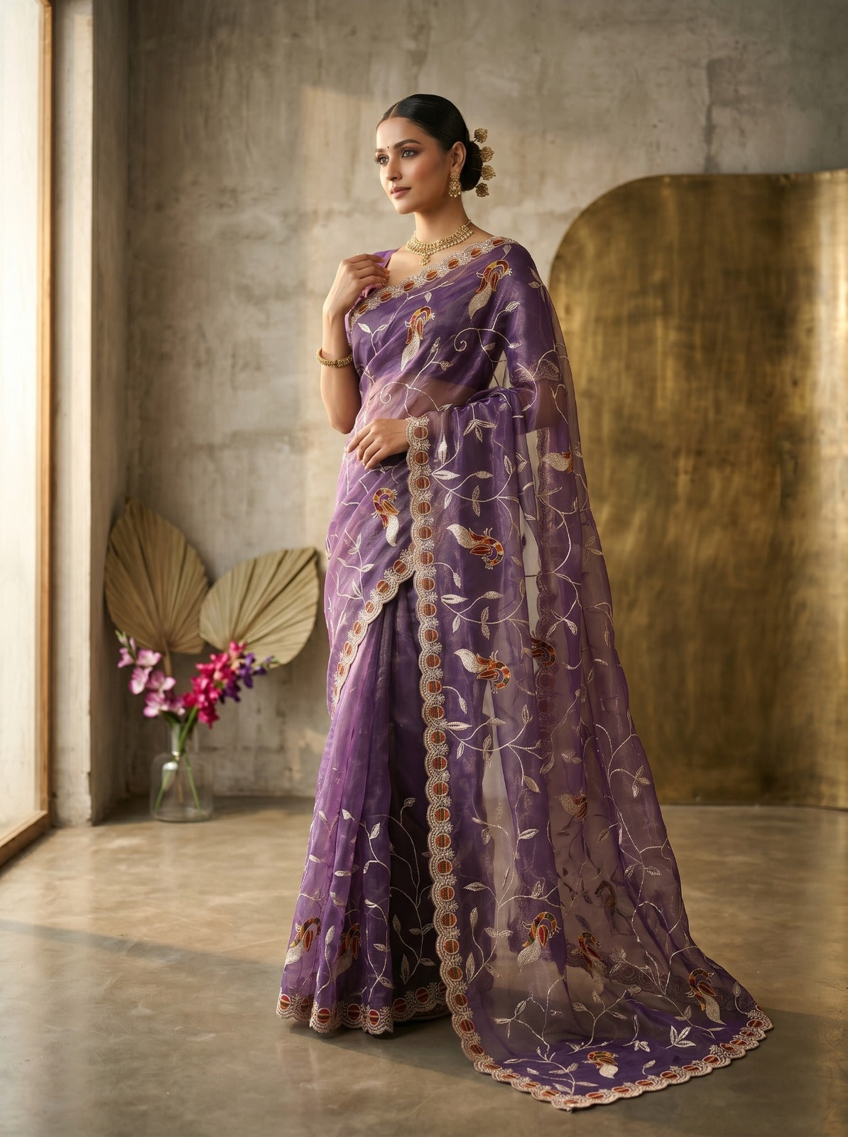 Premium Violet Embroidered Net Saree for Party and Festive Wear