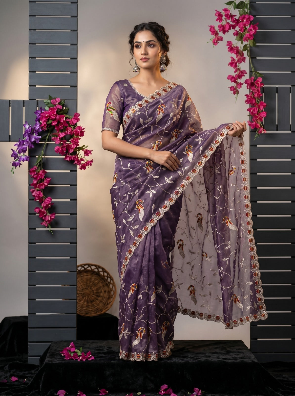 Violet Peacock Embroidered Net Saree Front View for Wedding Wear