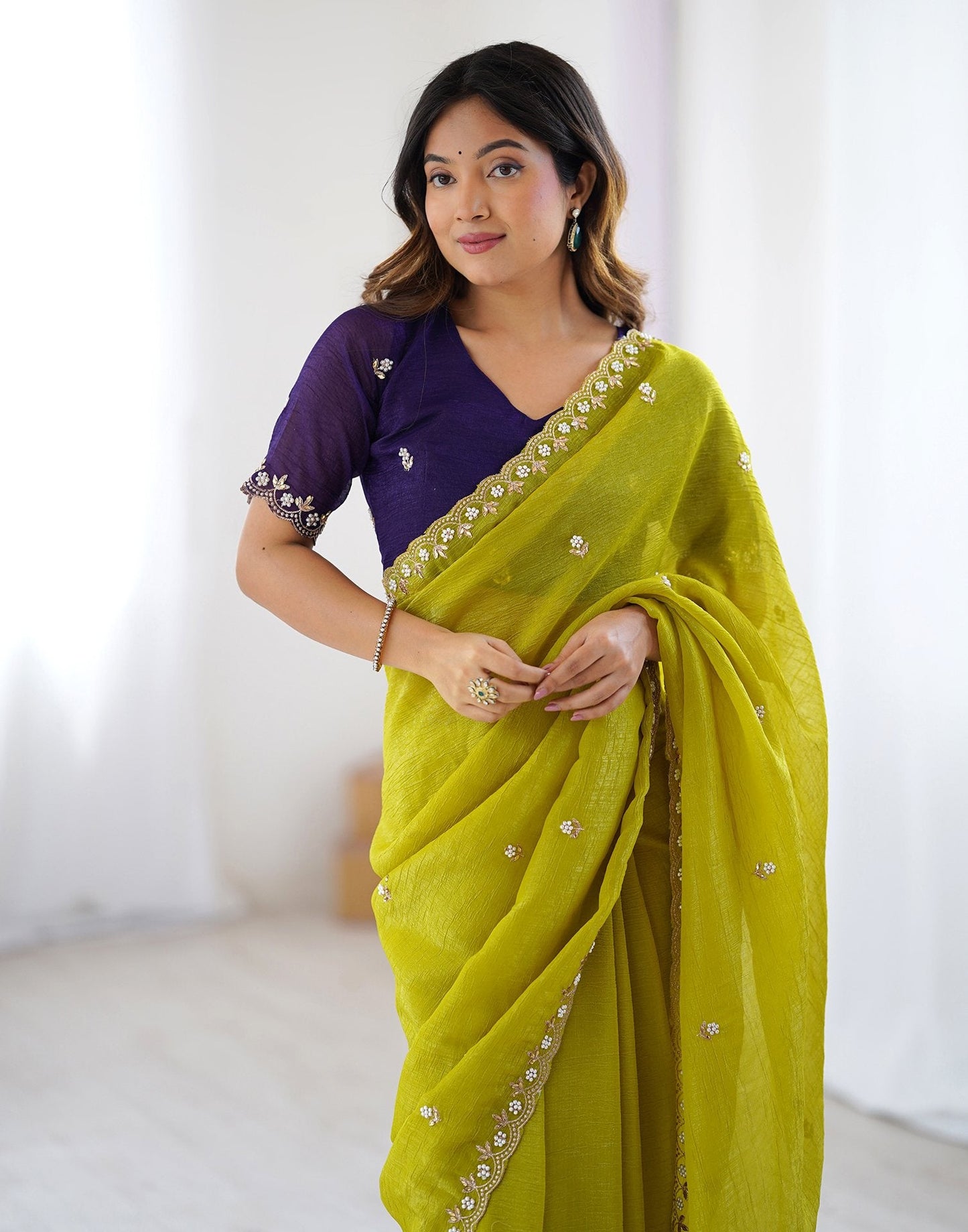Wedding wear Soft Chinon Crush saree with premium zari embroidery and matching blouse