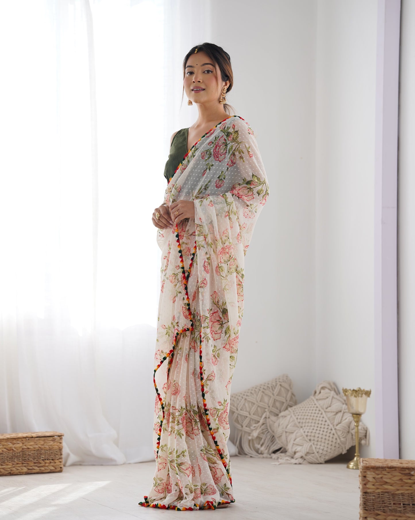 White Designer Floral Print Saree with Heavy Butti Fabric for Women