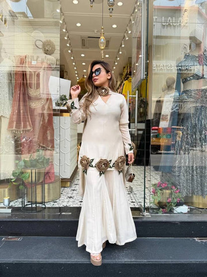 White French Crepe embroidered kurti pant set with dupatta