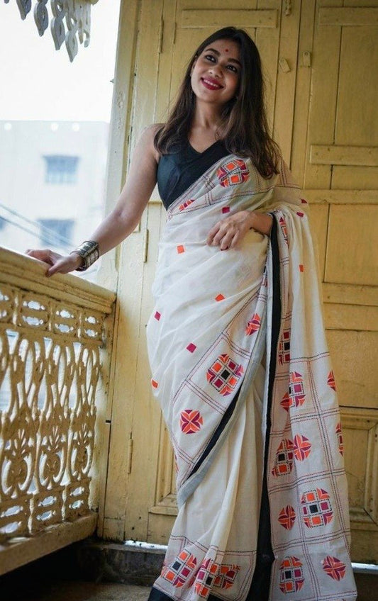White Pure Linen Cotton Saree with Geometric Digital Print and Black Border Front View