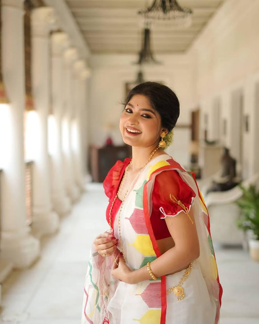 White Linen Cotton Saree with Multicolor Digital Print Border and Red Blouse Front View